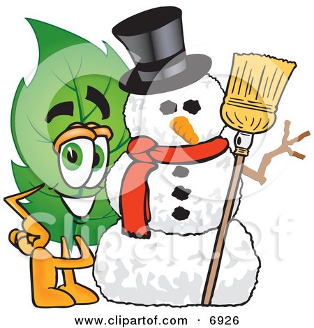 Clipart Picture of a Leaf Mascot Cartoon Character With a Snowman on Christmas by Mascot Junction