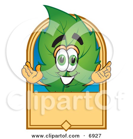 Clipart Picture of a Leaf Mascot Cartoon Character With a Blank Tan Label by Mascot Junction