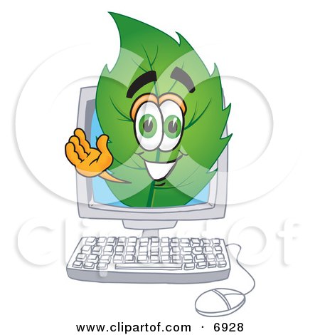 Clipart Picture of a Leaf Mascot Cartoon Character on a Computer Screen by Mascot Junction