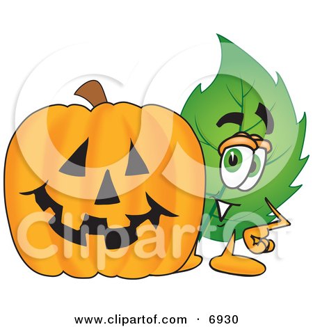 Clipart Picture of a Leaf Mascot Cartoon Character With a Halloween Pumpkin by Mascot Junction