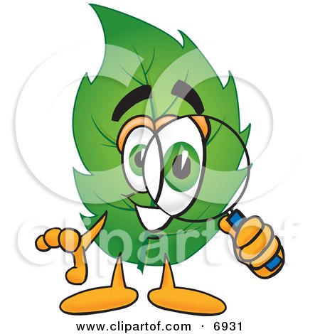 Clipart Picture of a Leaf Mascot Cartoon Character Looking Through a Magnifying Glass by Mascot Junction