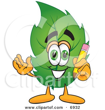 Clipart Picture of a Leaf Mascot Cartoon Character Holding a Pencil by Mascot Junction