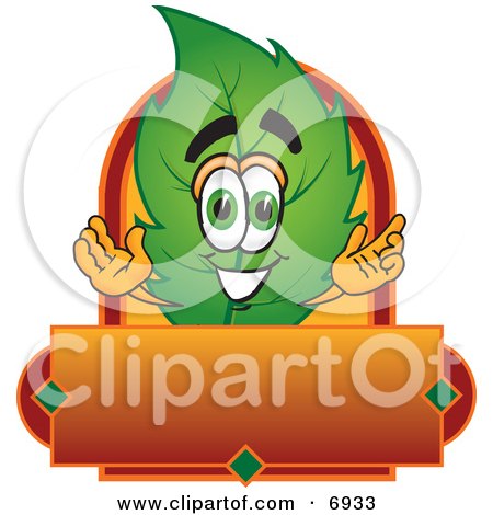 Clipart Picture of a Leaf Mascot Cartoon Character With a Red and Orange Label by Mascot Junction