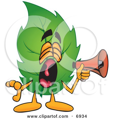 Clipart Picture of a Leaf Mascot Cartoon Character Screaming Into a Megaphone by Mascot Junction