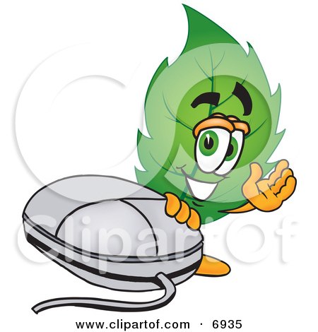 Clipart Picture of a Leaf Mascot Cartoon Character Standing by a Computer Mouse by Mascot Junction