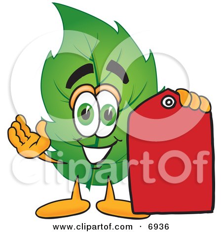 Clipart Picture of a Leaf Mascot Cartoon Character Holding a Red Clearance Sales Price Tag by Mascot Junction
