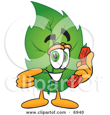 Clipart Picture of a Leaf Mascot Cartoon Character Holding a Telephone by Mascot Junction
