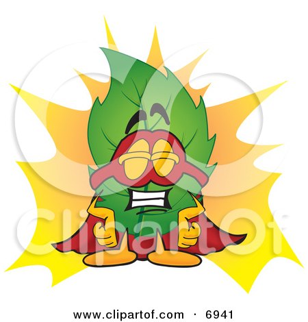 Clipart Picture of a Leaf Mascot Cartoon Character Dressed as a Super Hero by Mascot Junction