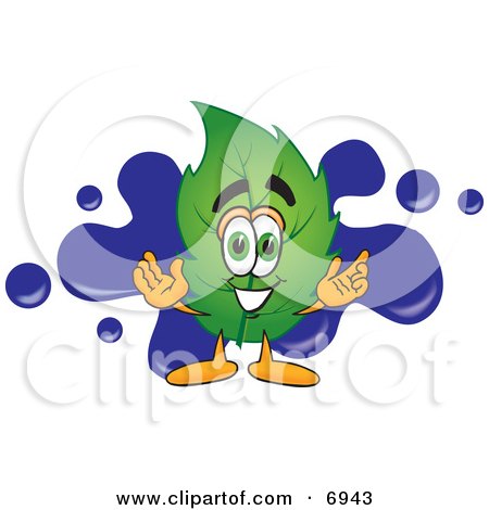 Clipart Picture of a Leaf Mascot Cartoon Character With a Blue Paint Splatter by Mascot Junction