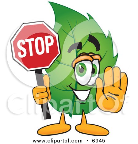 Clipart Picture of a Leaf Mascot Cartoon Character Holding a Stop Sign by Mascot Junction