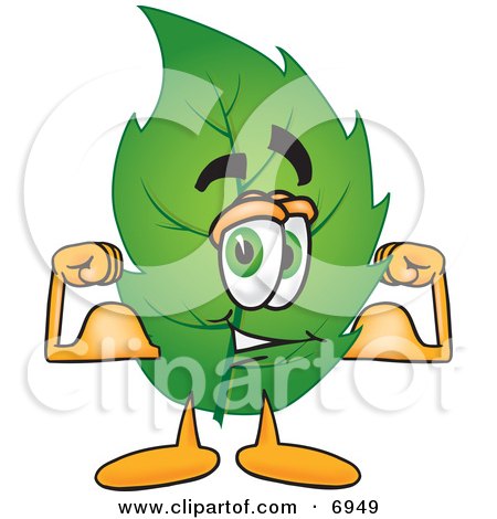 Clipart Picture of a Leaf Mascot Cartoon Character Flexing His Strong Arm Muscles by Mascot Junction