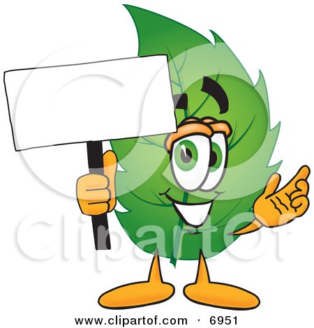 Clipart Picture of a Leaf Mascot Cartoon Character Holding a Blank White Sign by Mascot Junction