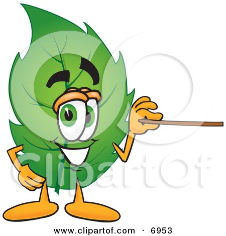 Clipart Picture of a Leaf Mascot Cartoon Character Using a Pointer Stick by Mascot Junction