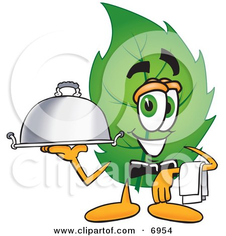 Clipart Picture of a Leaf Mascot Cartoon Character Holding a Serving Platter by Mascot Junction