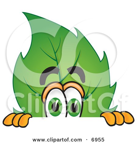 Clipart Picture of a Leaf Mascot Cartoon Character Scared and Peeking Over a Surface by Mascot Junction