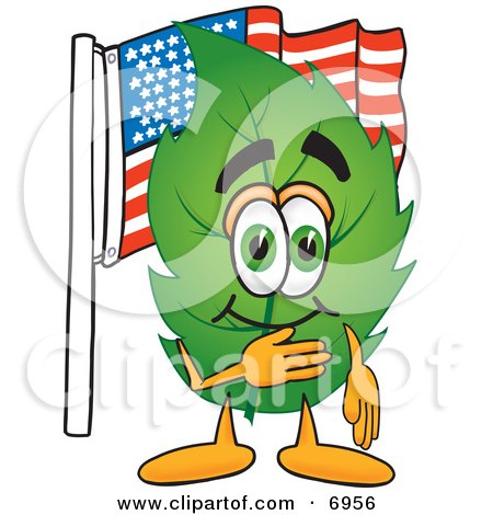 Clipart Picture of a Leaf Mascot Cartoon Character Pledging Allegiance to an American Flag by Mascot Junction