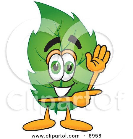 Clipart Picture of a Leaf Mascot Cartoon Character Waving and Pointing by Mascot Junction