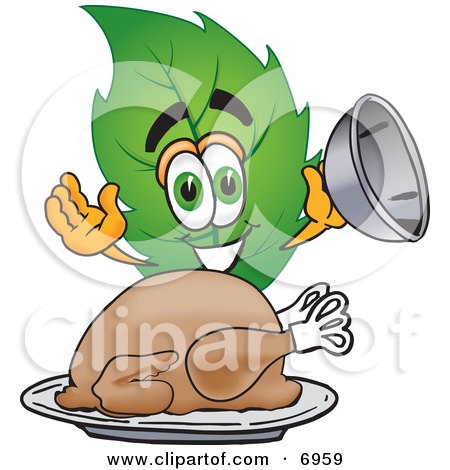 Clipart Picture of a Leaf Mascot Cartoon Character Serving a Thanksgiving Turkey on a Platter by Mascot Junction