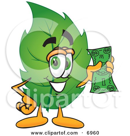 Clipart Picture of a Leaf Mascot Cartoon Character Holding a Dollar Bill by Mascot Junction