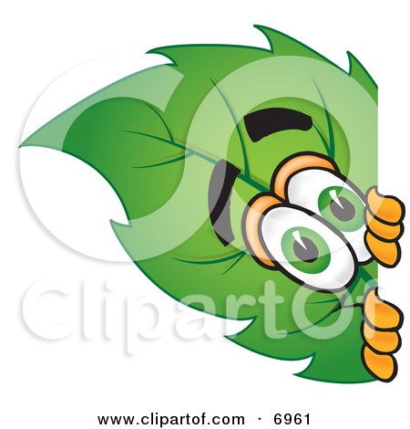 Clipart Picture of a Leaf Mascot Cartoon Character Peeking Around a Corner by Mascot Junction