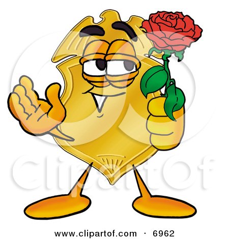 Clipart Picture of a Badge Mascot Cartoon Character Holding a Red Rose on Valentines Day by Mascot Junction