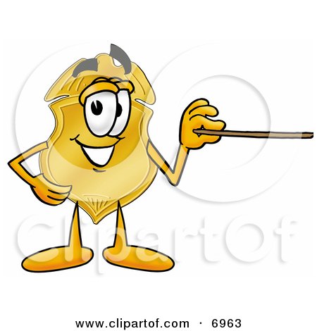 Clipart Picture of a Badge Mascot Cartoon Character Holding a Pointer Stick by Mascot Junction