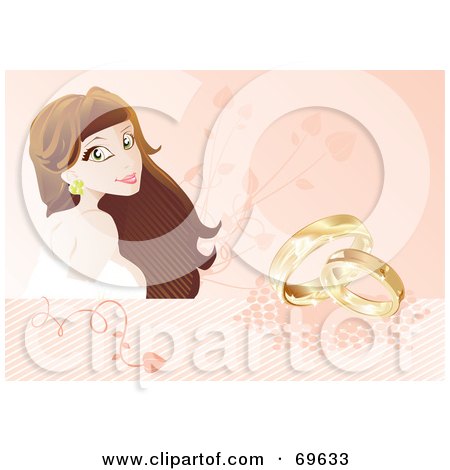 Royalty-Free (RF) Clipart Illustration of a Beautiful Brunette Bride On A Pink Background With Wedding Rings by MilsiArt