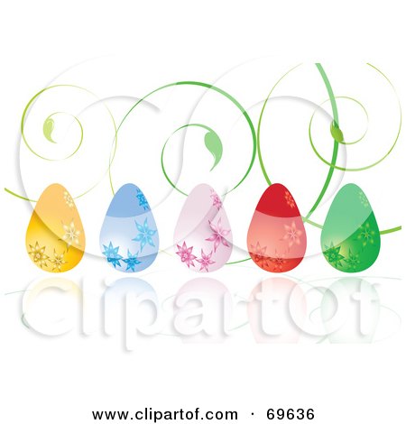 Royalty-Free (RF) Clipart Illustration of a Row Of Colorful Floral Easter Eggs With Green Vine Tendrils by MilsiArt