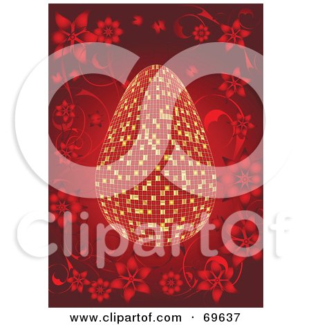Royalty-Free (RF) Clipart Illustration of a Gold And Red Mosaic Easter Egg On Red With Flowers by MilsiArt