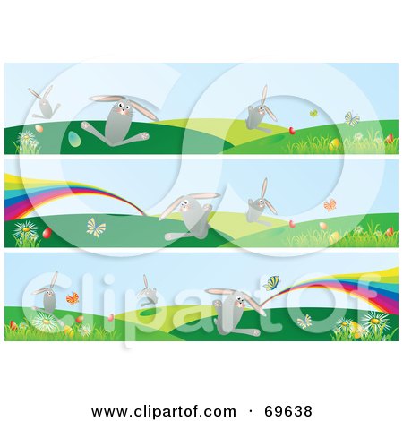 Royalty-Free (RF) Clipart Illustration of a Digital Collage Of Three Easter Bunny And Rainbow Banners by MilsiArt