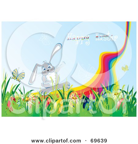 Royalty-Free (RF) Clipart Illustration of a Gray Bunny By A Rainbow With A Happy Easter Greeting by MilsiArt