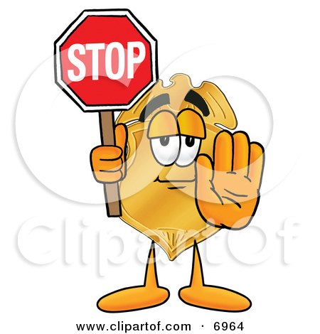 Clipart Picture of a Badge Mascot Cartoon Character Holding a Stop Sign by Mascot Junction