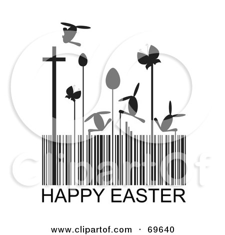 Royalty-Free (RF) Clipart Illustration of a Black And White Happy Easter Barcode With Eggs, Crosses And Bunnies by MilsiArt