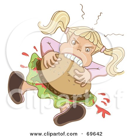 Royalty-Free (RF) Clipart Illustration of a Hungry Blond Girl Shoving A Hamburger In Her Mouth by MilsiArt