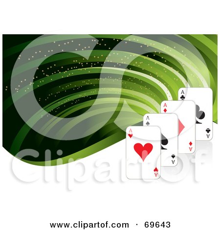 Royalty-Free (RF) Clipart Illustration of a Green Flow Background With Playing Cards by MilsiArt