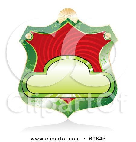 Royalty-Free (RF) Clipart Illustration of a Blank Green Shield Label With A Red Swirl by MilsiArt