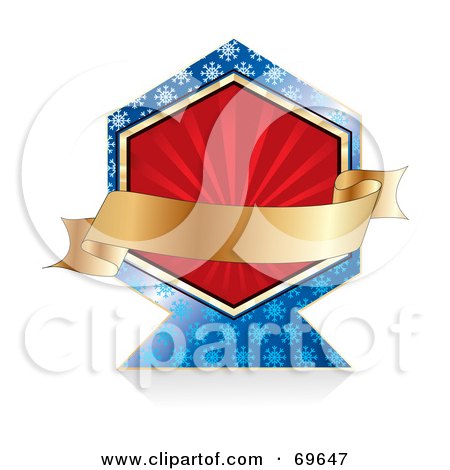 Royalty-Free (RF) Clipart Illustration of a Blank Golden Banner Over A Red Label With Blue Snowflakes by MilsiArt