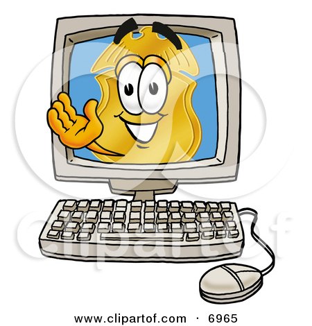 Clipart Picture of a Badge Mascot Cartoon Character Waving From Inside a Computer Screen by Mascot Junction