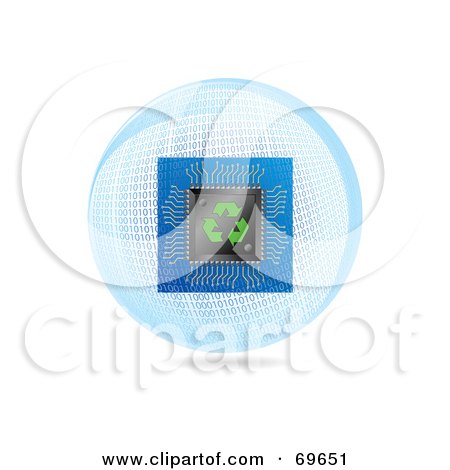 Royalty-Free (RF) Clipart Illustration of a Computer Chip Over A Blue Binary Globe On White by MilsiArt