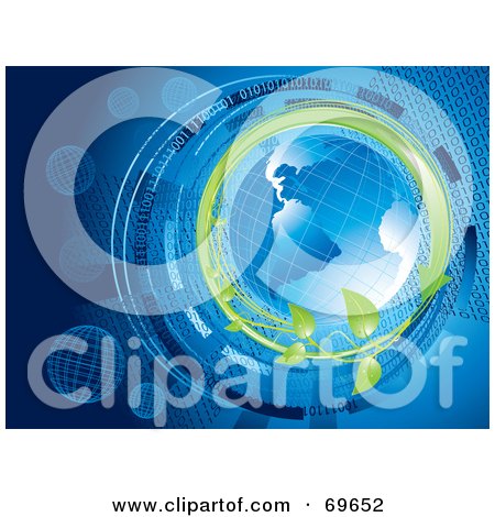 Royalty-Free (RF) Clipart Illustration of a Blue Globe With A Green Arrow And Vine On A Blue Binary Background by MilsiArt
