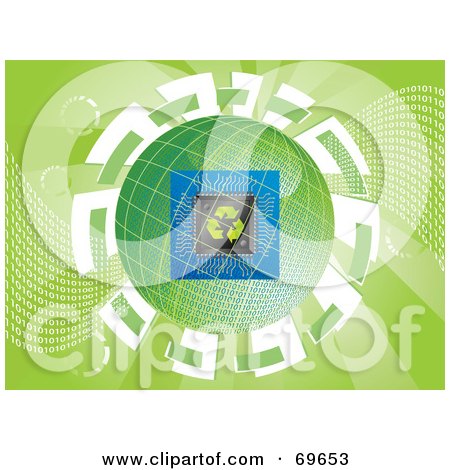 Royalty-Free (RF) Clipart Illustration of a Computer Chip Over A Binary Globe On Green by MilsiArt