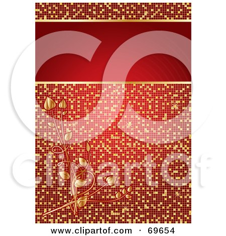 Royalty-Free (RF) Clipart Illustration of a Sparkling Red And Gold Floral Mosaic Background With A Text Box by MilsiArt