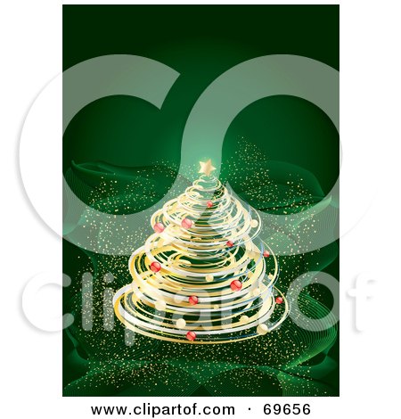 Royalty-Free (RF) Clipart Illustration of a Golden Spiraled Christmas Tree On A Wavy green Sparkling Background by MilsiArt