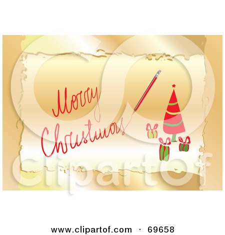 Royalty-Free (RF) Clipart Illustration of a Golden And Red Merry Christmas Greeting With A Tree by MilsiArt