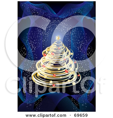 Royalty-Free (RF) Clipart Illustration of a Golden Spiraled Christmas Tree On A Wavy Blue Sparkling Background by MilsiArt