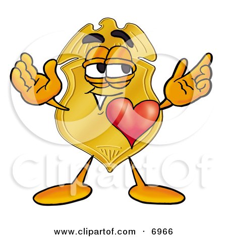 Clipart Picture of a Badge Mascot Cartoon Character With His Heart Beating Out of His Chest by Mascot Junction