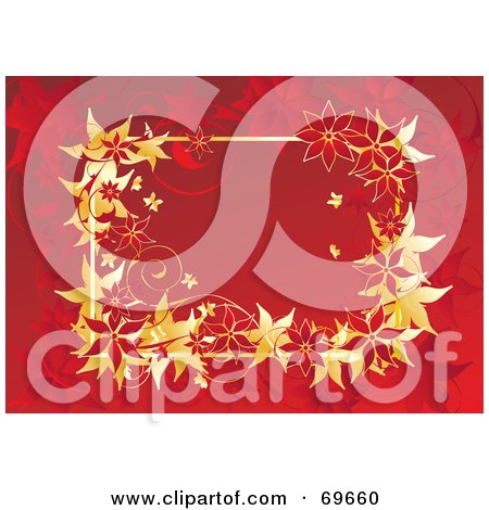 Royalty-Free (RF) Clipart Illustration of a Text Box Bordered With Gold And Red Poinsettias On Red by MilsiArt