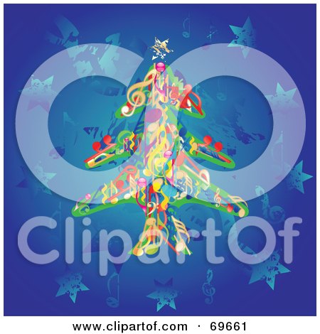 Royalty-Free (RF) Clipart Illustration of a Colorful Music Note Christmas Tree On A Grungy Blue Star Background by MilsiArt