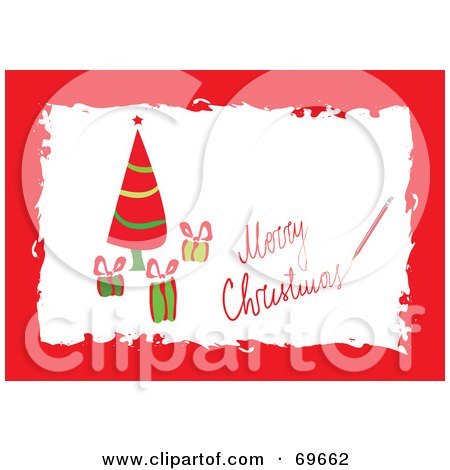 Royalty-Free (RF) Clipart Illustration of a Red Merry Christmas Greeting With A Tree And Gifts by MilsiArt
