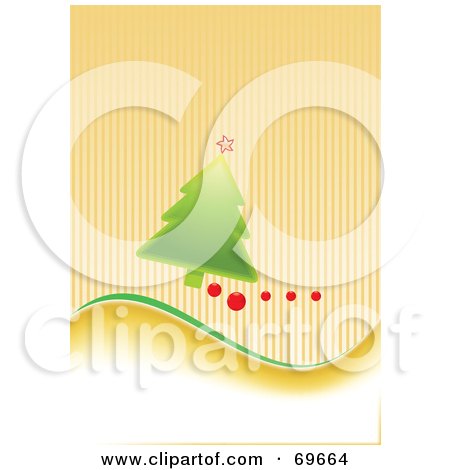 Royalty-Free (RF) Clipart Illustration of a Green Christmas Tree With Baubles On A Striped Orange Background by MilsiArt